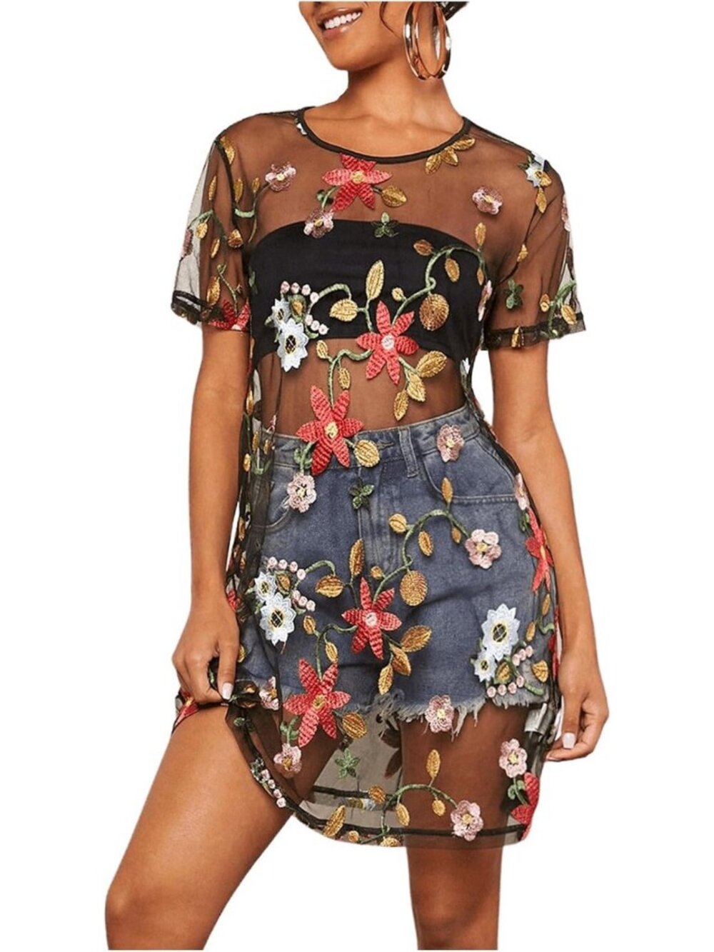 Sheer Embroidered Floral Mesh Dress - Y2K Style Women's Outfit, Trendy & Chic